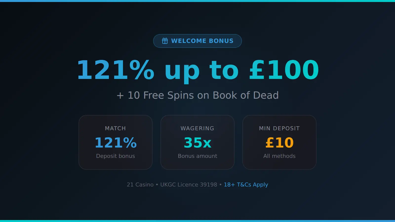 21 Casino 121% Welcome Bonus up to £100
