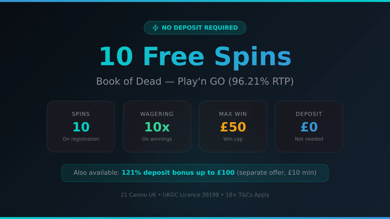 21 Casino free spins on Book of Dead
