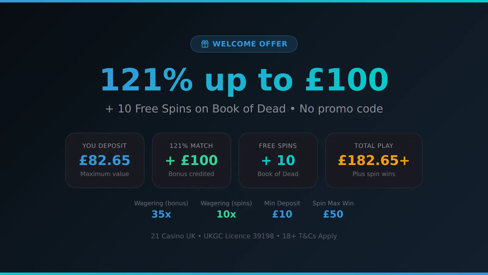21 Casino welcome offer — 121% deposit match up to £100